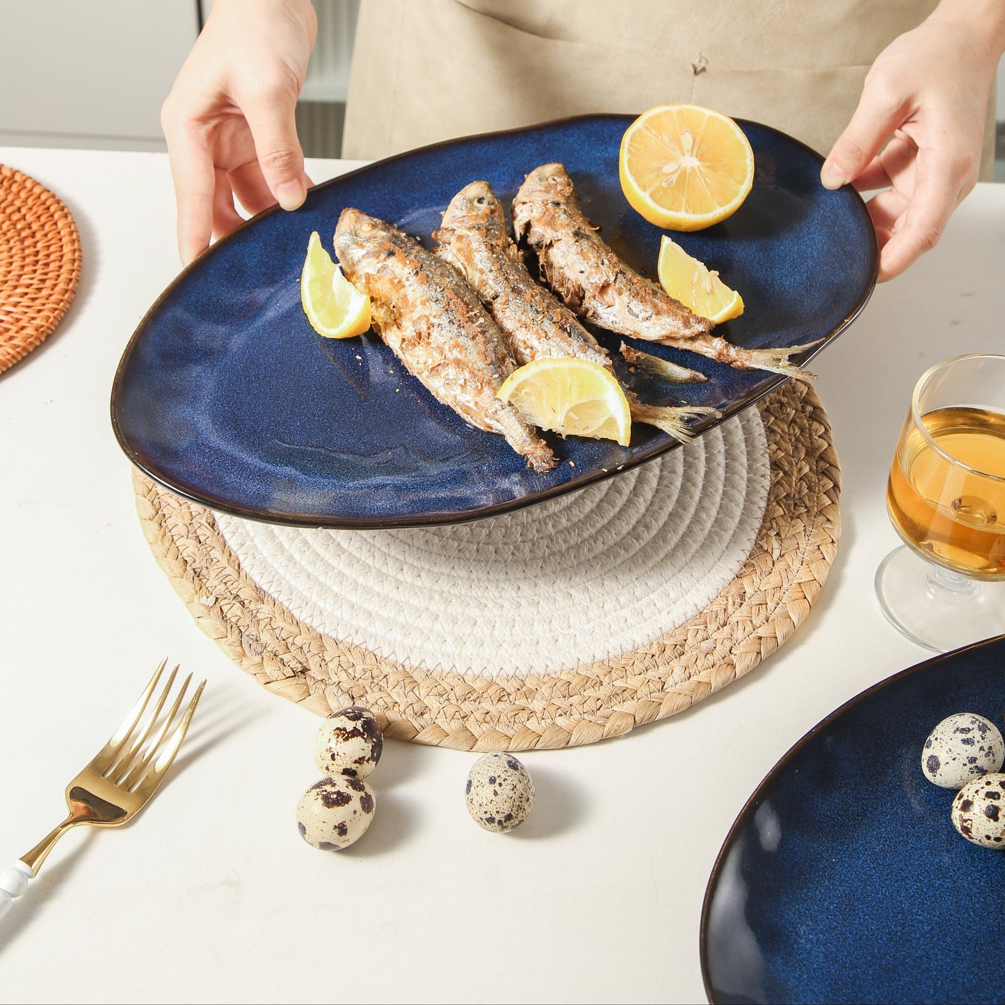 3-Piece Stoneware Serving Platter Set in Ocean Blue