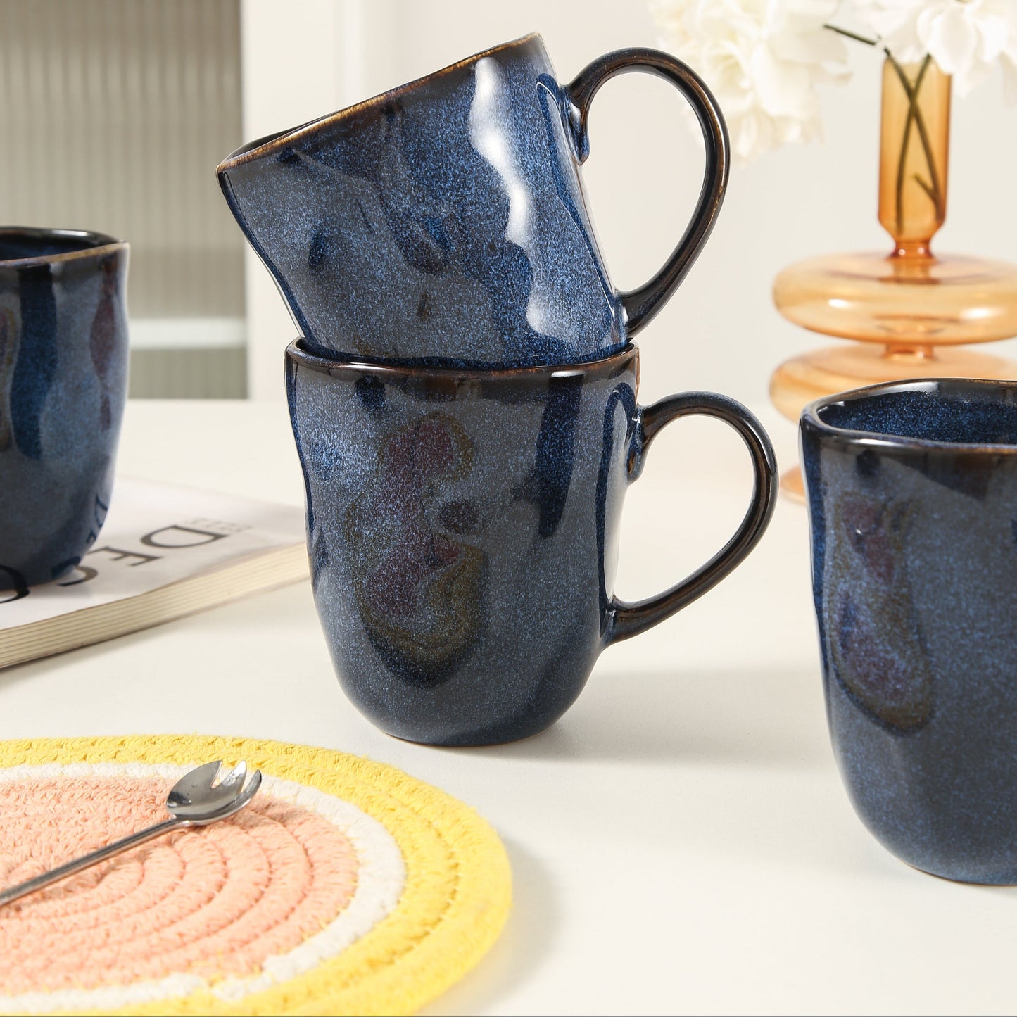 4-Piece Stoneware Mug Set in Ocean Blue