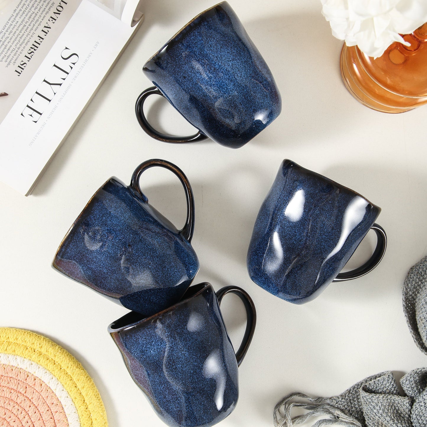 4-Piece Stoneware Mug Set in Ocean Blue