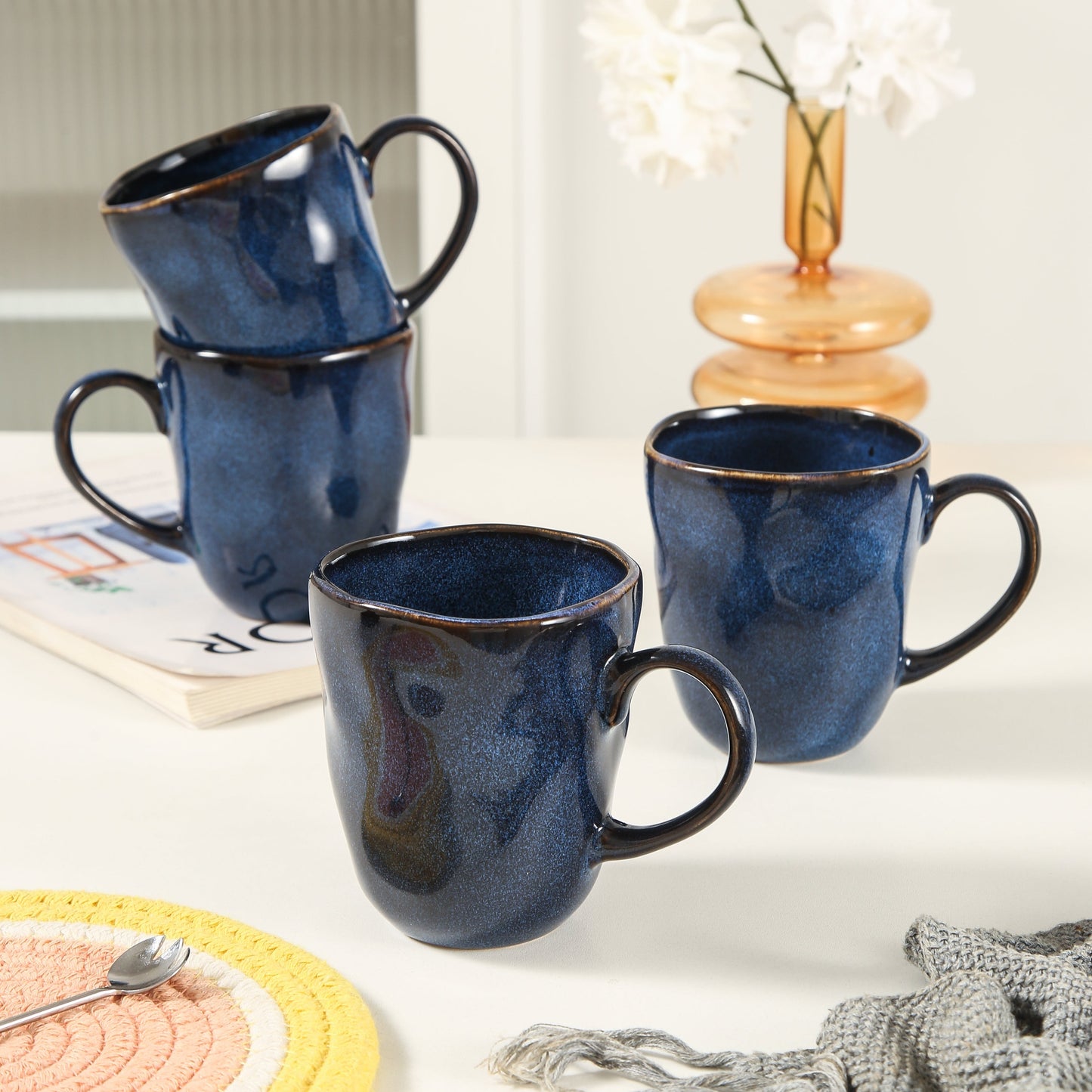 4-Piece Stoneware Mug Set in Ocean Blue