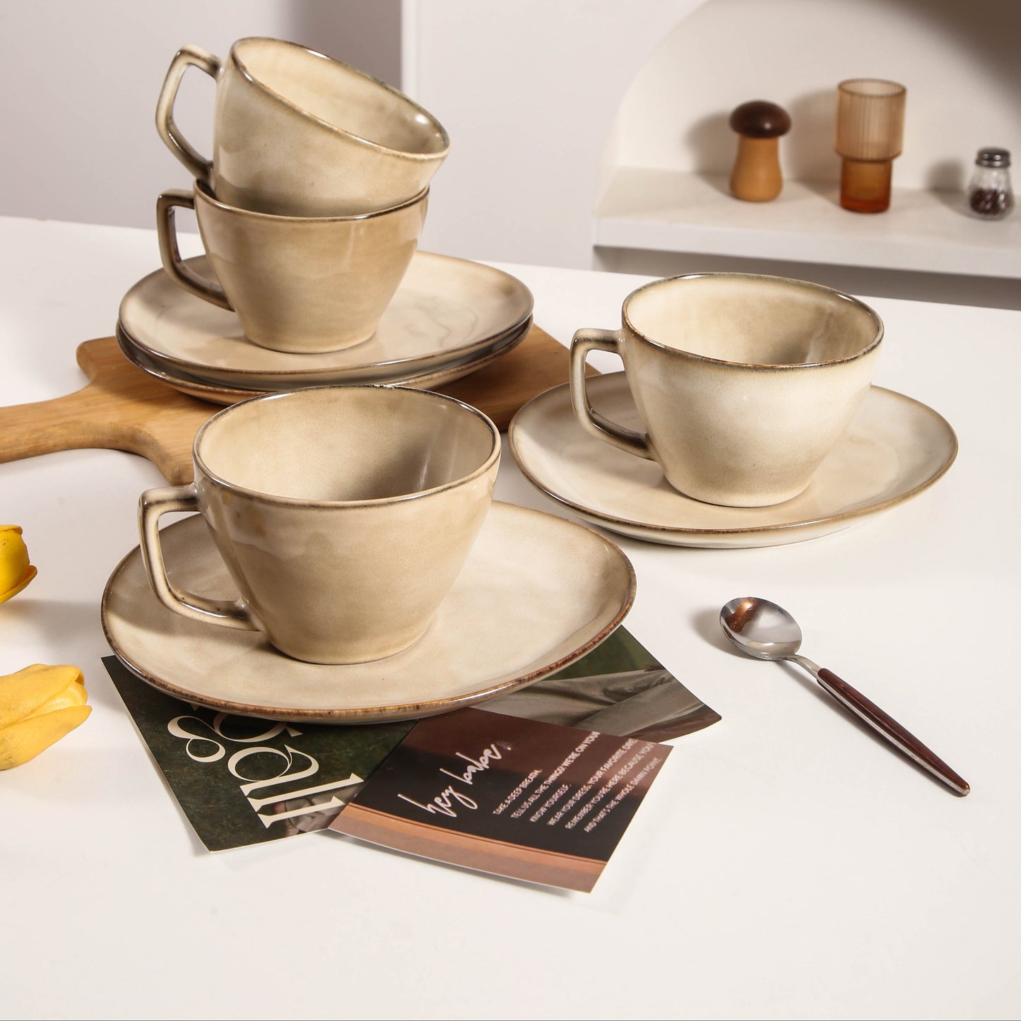 8-Piece Large Cup & Saucer Set-Crema