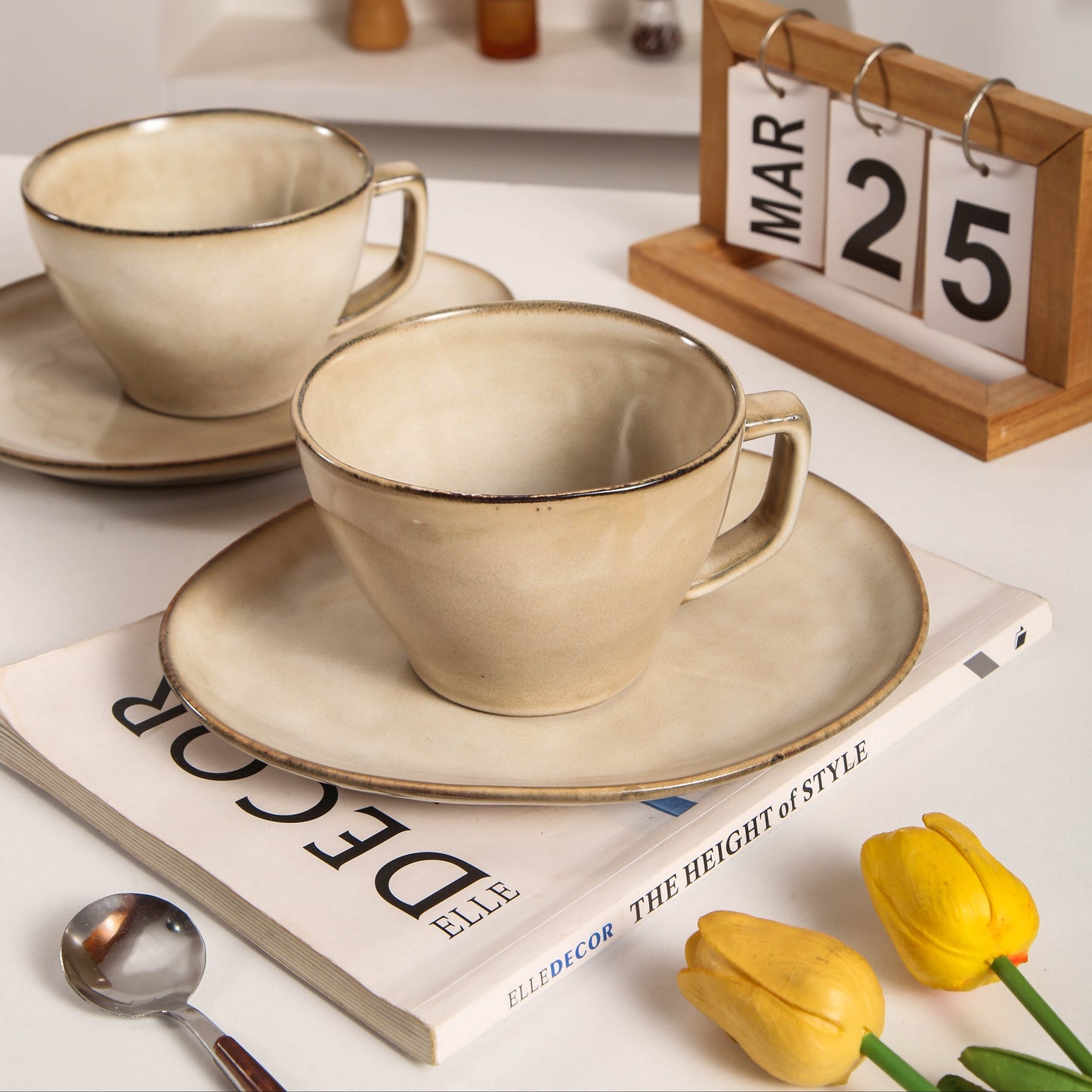 8-Piece Large Cup & Saucer Set-Crema