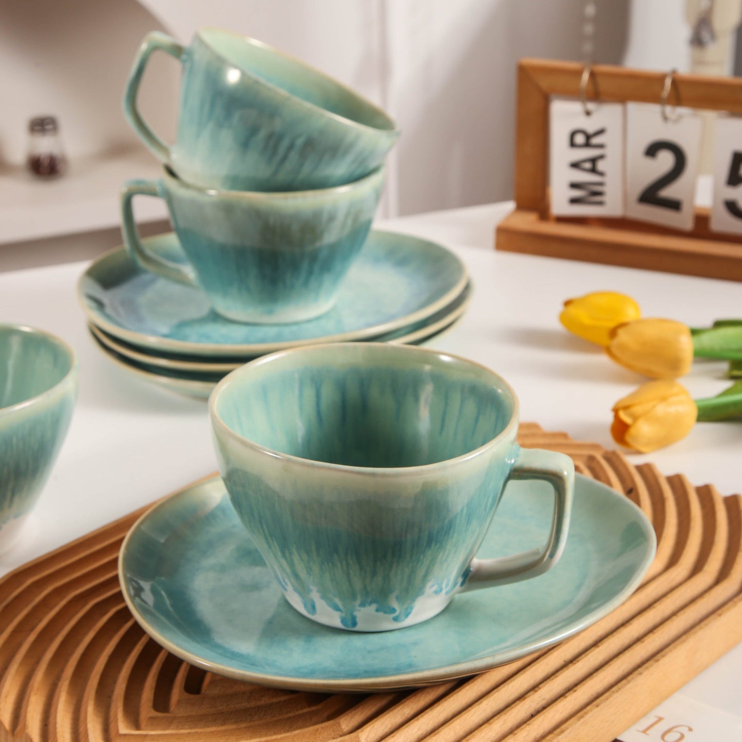 8-Piece Large Cup & Saucer Set-Aqua Blue