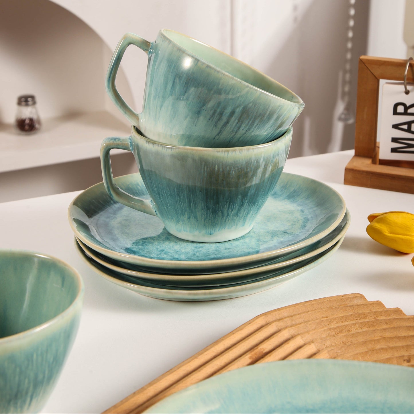 8-Piece Large Cup & Saucer Set-Aqua Blue