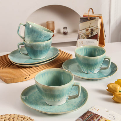 8-Piece Large Cup & Saucer Set-Aqua Blue