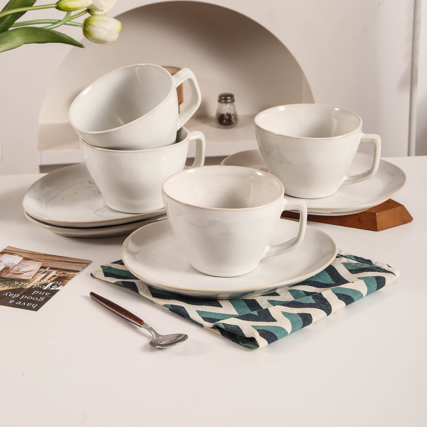 8-Piece Large Cup & Saucer Set-Pearl White