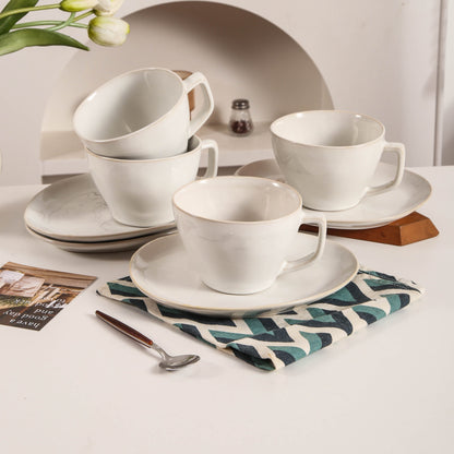 8-Piece Large Cup & Saucer Set-Pearl White