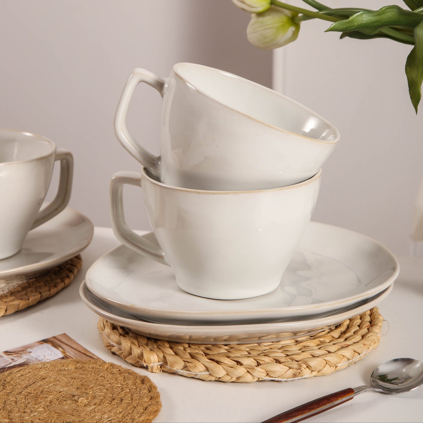 8-Piece Large Cup & Saucer Set-Pearl White