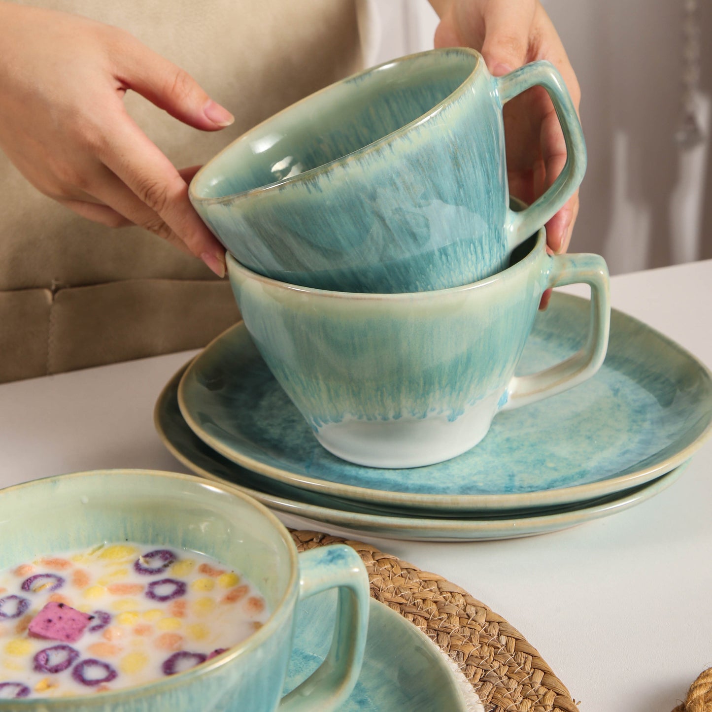 8-Piece Large Cup & Saucer Set-Aqua Blue
