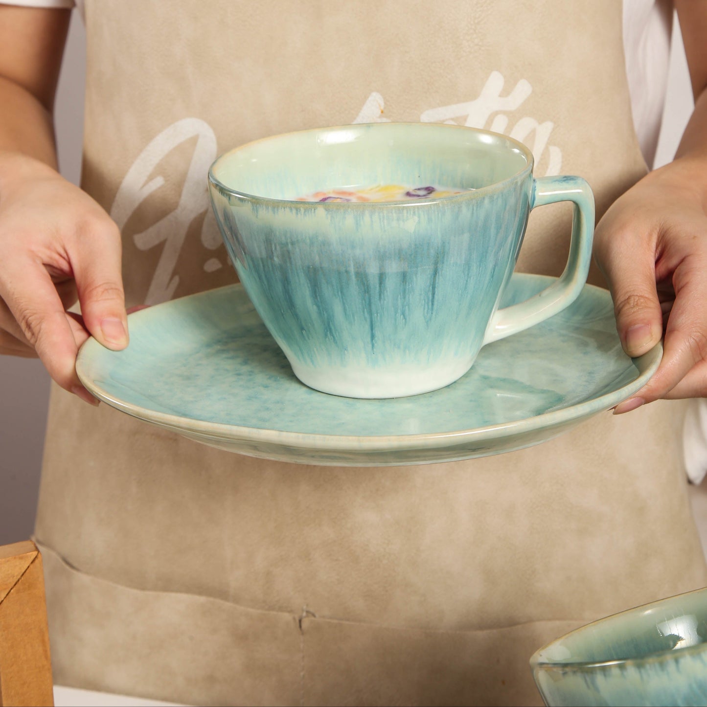 8-Piece Large Cup & Saucer Set-Aqua Blue