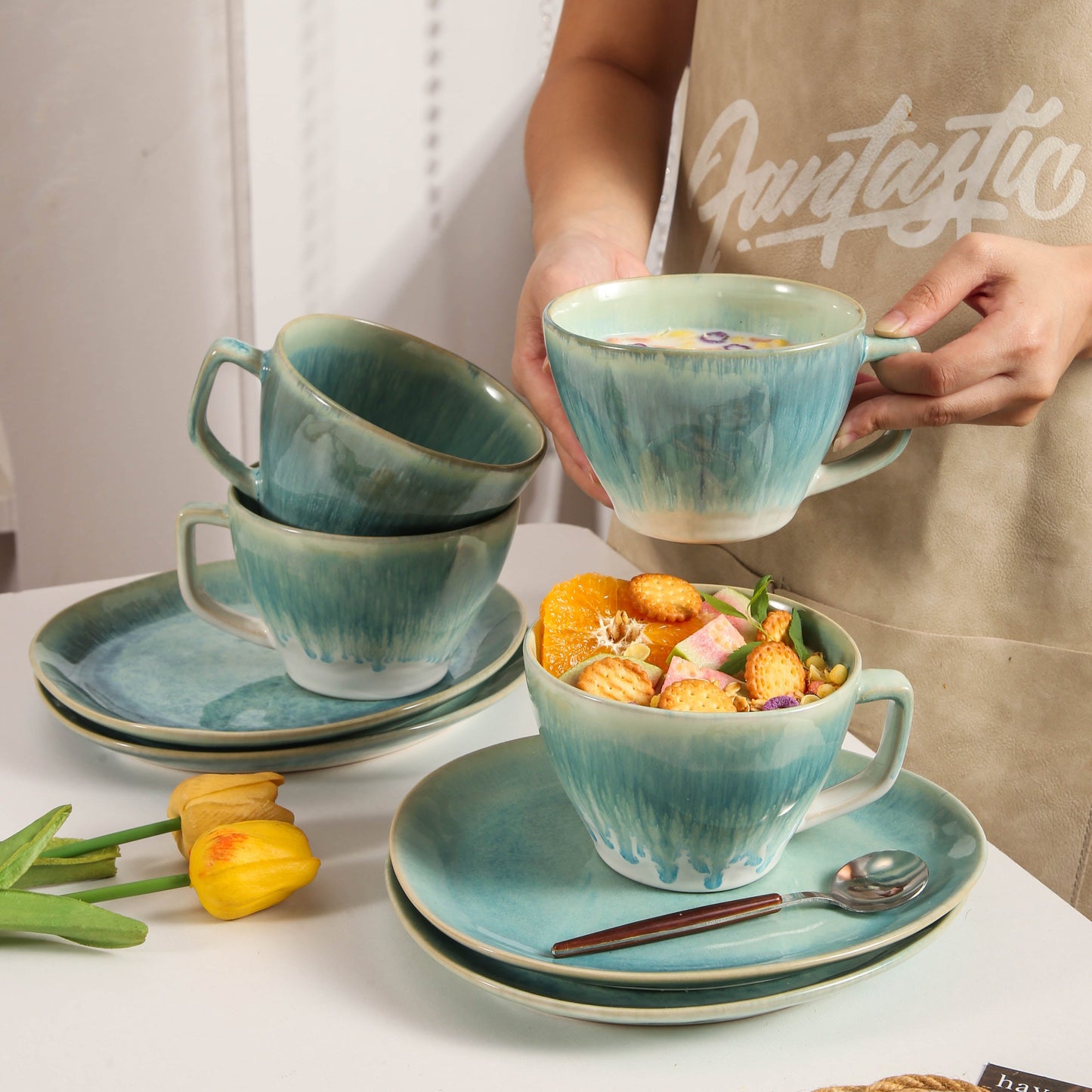 8-Piece Large Cup & Saucer Set-Aqua Blue