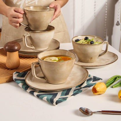 8-Piece Large Cup & Saucer Set-Crema