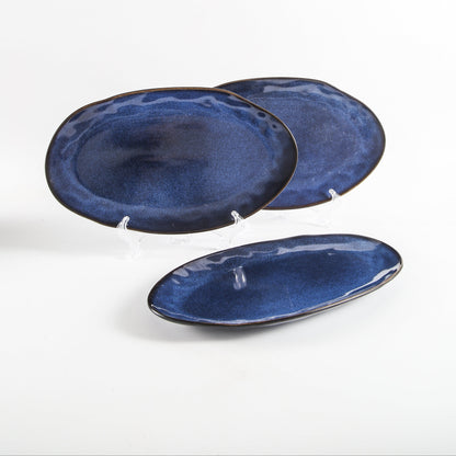 3-Piece Stoneware Serving Platter Set in Ocean Blue