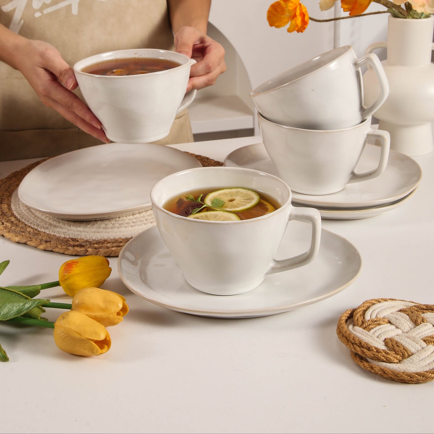 8-Piece Large Cup & Saucer Set-Pearl White