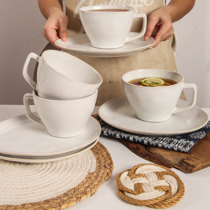 8-Piece Large Cup & Saucer Set-Pearl White