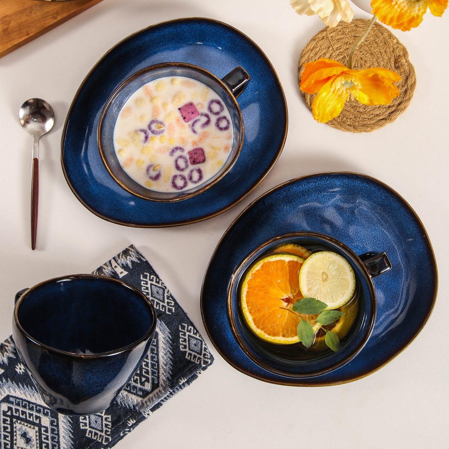 8-Piece Large Cup & Saucer Set-Ocean Blue