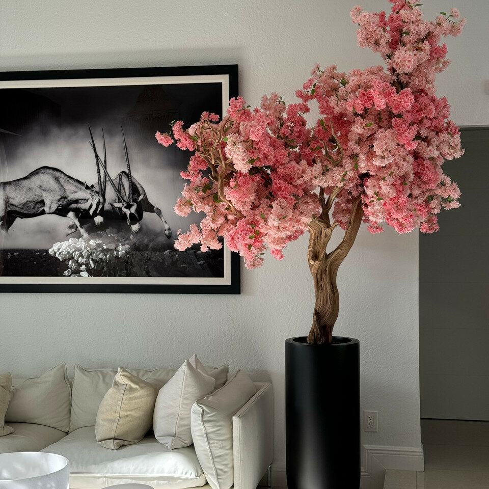 Matte Black St. Tropez Planter with Custom Made Pink Cherry Blossom Tree
